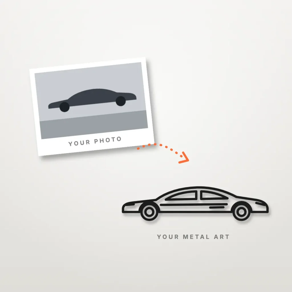 Illustration of a car photo being turned into metal wall art